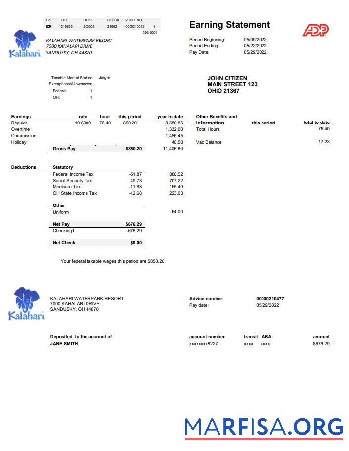 Printable USA Ohio Kalahari Waterpark Resort utility bill template in Word and PDF format